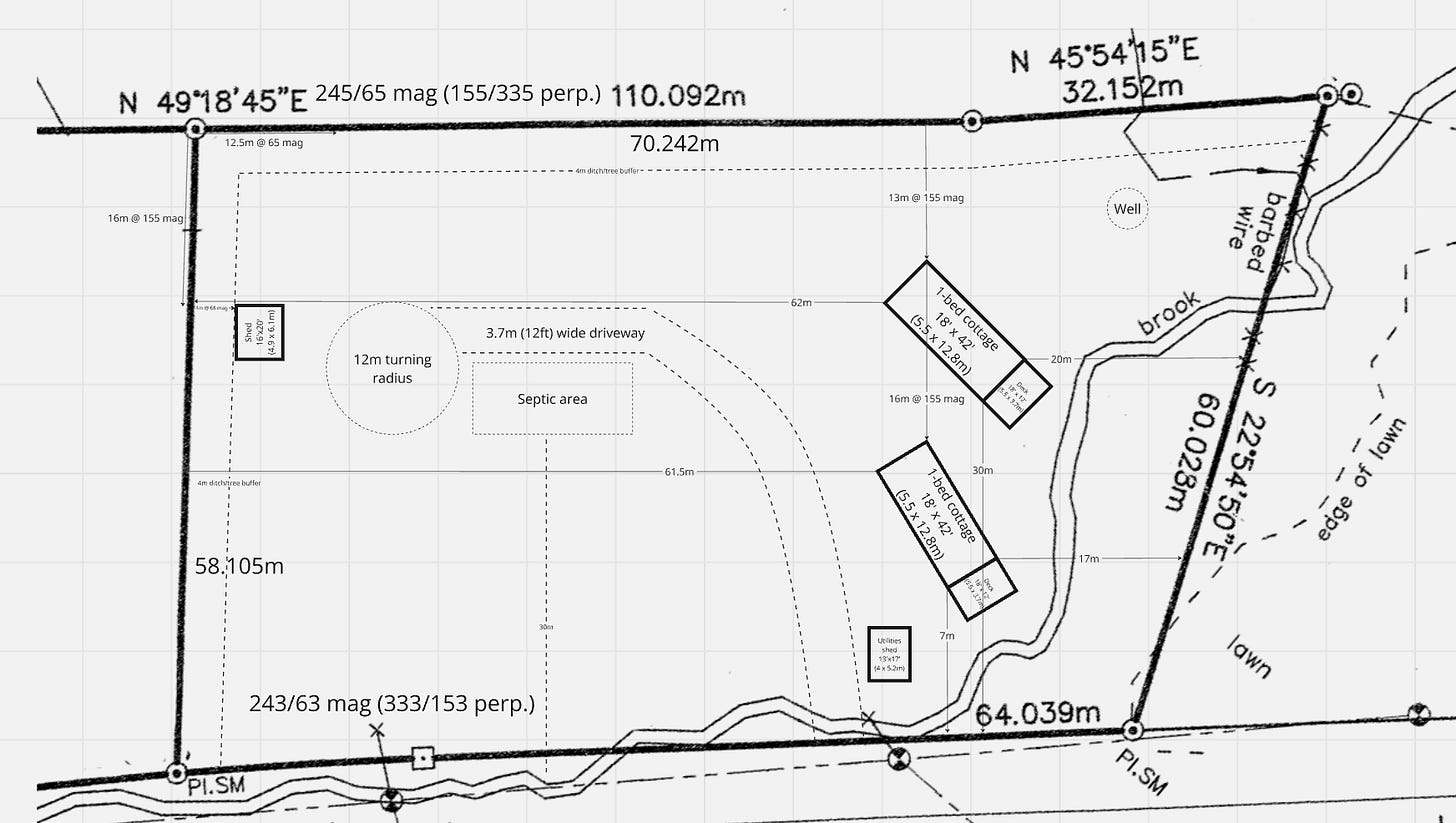 Site plan showing driveway, drainage ditches, and slab locations for two shed buildings