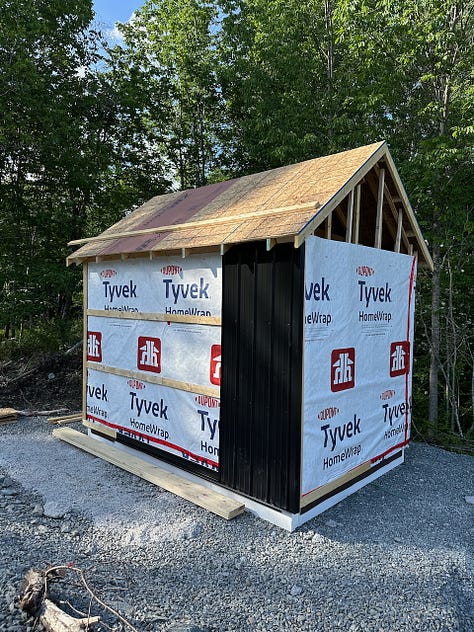 The first pieces of trim and siding being added over the strapping.